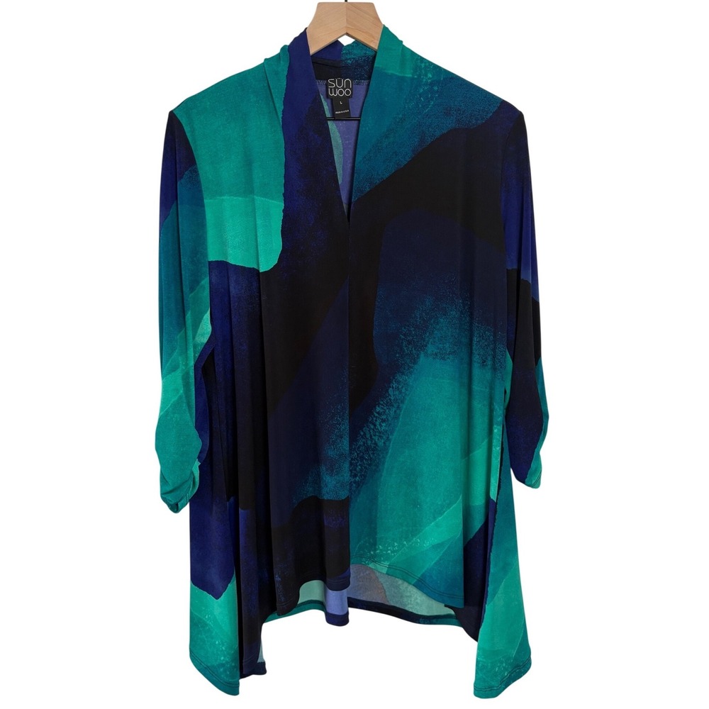 Ciara Sun Woo Abstract Print Open Front Cardigan Teal Blue Ruched Sleeve Large